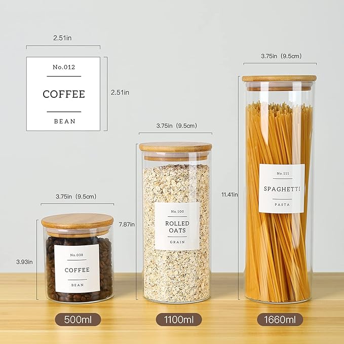 5 Pack Glass Jars with Bamboo Airtight Lids - Stackable Food Storage Containers with 132 Pantry Labels - with Wood Lid for Candy, Cookie, Rice, Sugar, Flour, Pasta, Nuts-Ruum Studio Home