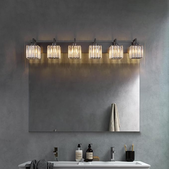 Modern Crystal Bathroom Vanity Light 6-Lights Black Modern Crystal Wall Lamp Bathroom Modern Crystal Vanity Lighting-Ruum Studio Home