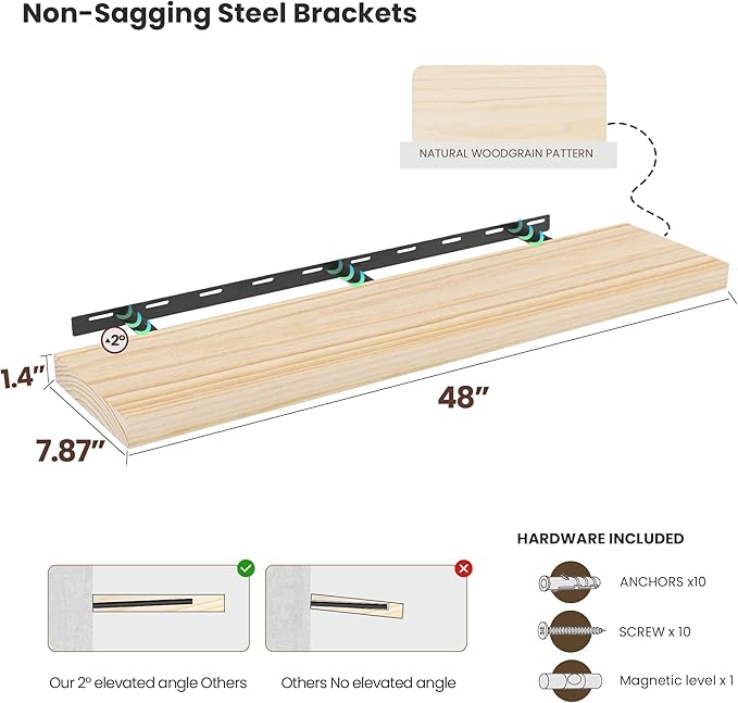 Light Wood Floating Shelves 48 Inch, 8 in Deep Single Book Shelf Floating for Wall Mounted, Heavy Duty Shelf Hold 100 lbs, Unfinished Wall Shelves for Bathroom, Living Room, Kitchen, Bedroom, Office-Ruum Studio Home