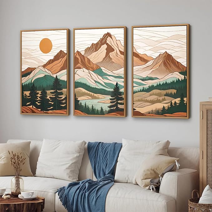 Tinonedraw Mountain Framed Canvas Wall Art Set of 3, Sunrise Forest Woodland Landscape Art Prints, Boho Coloful Ridge Scenery Wall Decor, Wood Pine Wilderness Art Paintings for Living Room Bedroom, Office 16"x24"-Ruum Studio Home
