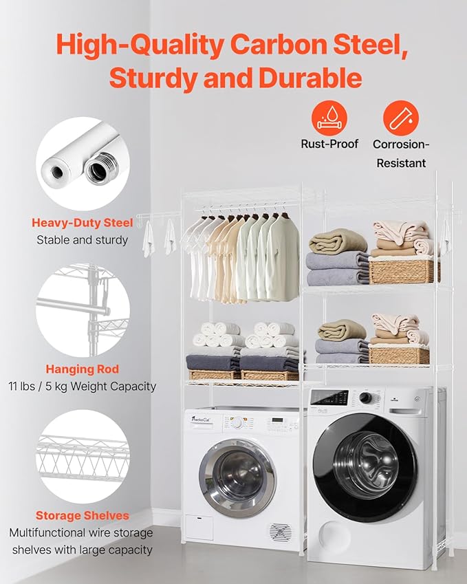 VEVOR Over The Washer and Dryer Storage Shelf, 5 Tier Laundry Room Drying Rack with Hanger Rod and Hooks, Adjustable Over Washer and Dryer Shelves, Laundry Room Shelf Storage Space Saver, White-Ruum Studio Home