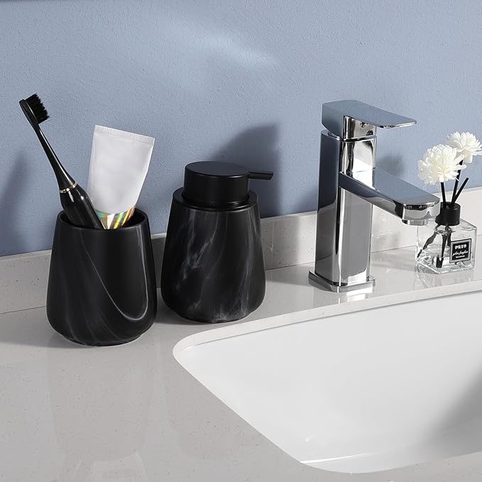 2Pcs Toothbrush Holder for Bathroom - Marble Black Ceramic Tooth Brushing Holders Set, Toothbrush Cup & Toothpaste Organizer for Bathroom Countertop, Makeup Brush Holder, Pen Holder for Home Storage-Ruum Studio Home