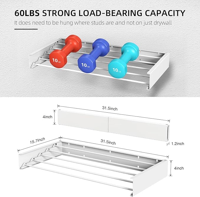 Laundry Drying Rack, Collapsible Wall Mounted Clothes Drying Rack - Drying Rack Clothing Foldable,Space Saving, 31.5" Wide, 13.2 Linear Ft, 5 Aluminum Rods, 60 lb Capacity (White, 31.5")-Ruum Studio Home