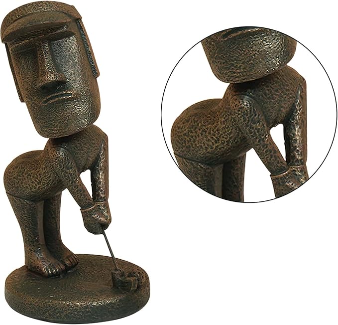 Moai Statue Decor - 6 Inch Easter Island Oranment Resin Stone Decoration for Room Accessories Antique Sculpture for Office Desktop (Play Golf)-Ruum Studio Home