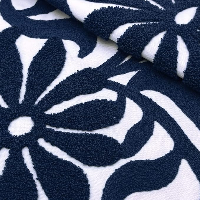 Alysheer Farmhouse Floral Leaves Embroidered Decorative Throw Pillow Cover 18x18 inches, Boho Tufted Flowers Embroidery Pattern Chic Cotton Cushion Case for Couch Bed Sofa Living Room(Navy Blue)-Ruum Studio Home