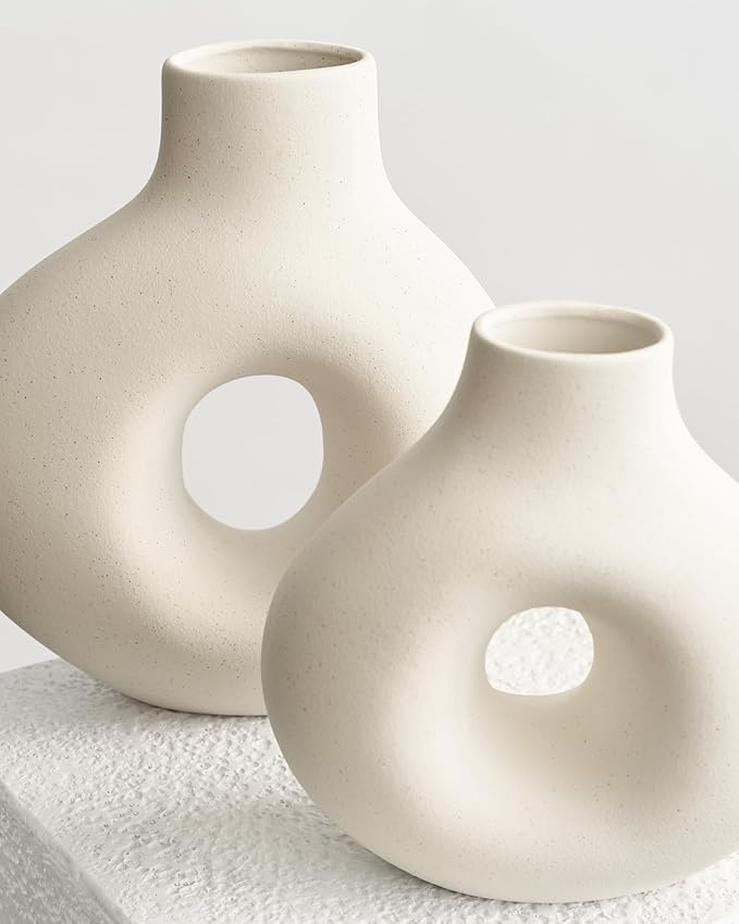 NOBULA White Ceramic Donut Vases – Modern Home Decor for Living Room, Bedroom & Table Centerpiece - Minimalist Nordic – Unique Vases for Olive Plant & Flowers – Decorative Coffee Table Vase Set of 2-Ruum Studio Home