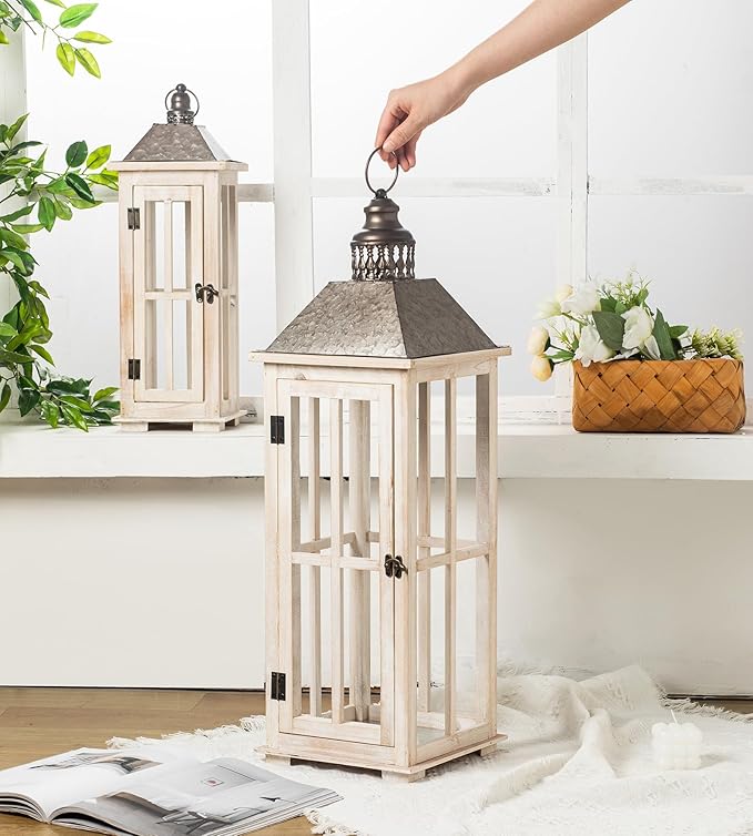 TIMRIS Large Rustic Wooden Decorative Lantern Set of 2, Modern Farmhouse Distressed Whitewash Floor Candle Lanterns, Indoor/Outdoor Hanging Lanterns for Home Decor (No Glass)-Ruum Studio Home