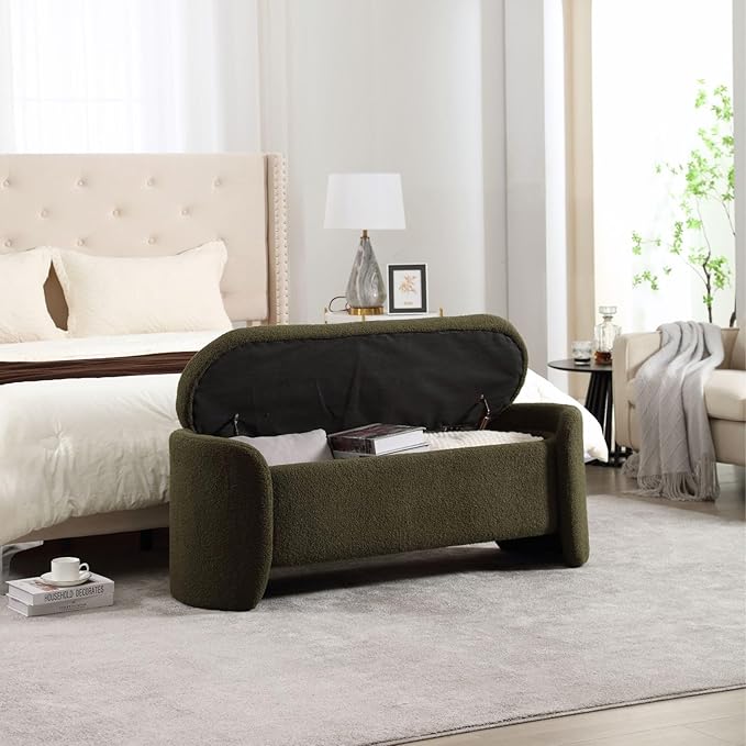ROCTY Green Boucle Storage Bench - 50" Sherpa End of Bed Ottoman with Seating and Storage for Bedroom, Entryway, Living Room, Vanity or Makeup Room - Teddy Fabric-Ruum Studio Home