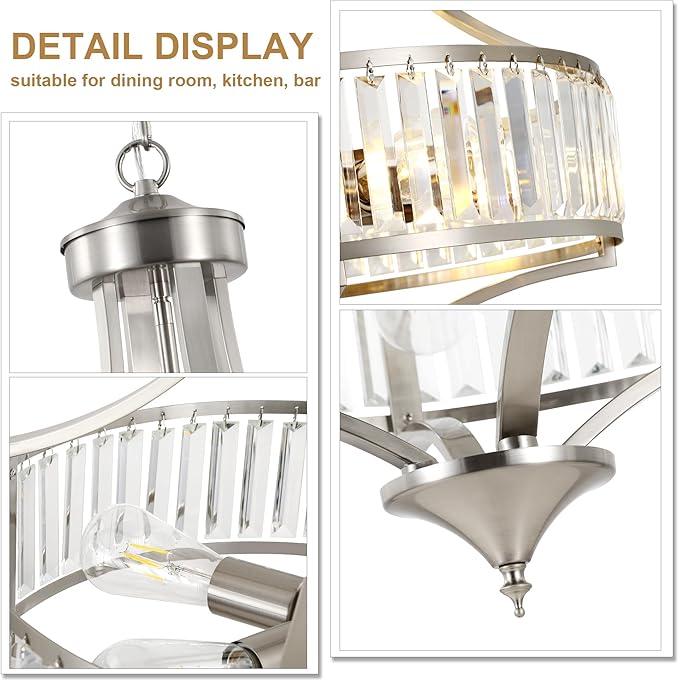 20" Brushed Nickel Chandeliers for Dining Room, 5-Light Modern Crystal Chandelier for Entryway, Hanging Round Light Fixture for Kitchen Island Living Room Bedroom Office Bathroom Staircase-Ruum Studio Home