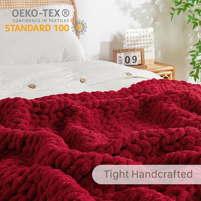 Chunky Knit Blanket Throw, 100% Hand Knit Throw Blanket Handmade Chenille Cable Knit Throw for Couch, Stylish Cozy Soft Rope Knot Crochet Blanket for Home Decor, Red, 50x60 Inches-Ruum Studio Home