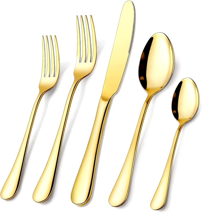 Gold Silverware Set, OGORI 40-Piece Food Grade Stainless Steel Gold Flatware Set, Kitchen Utensil Set Service for 8, Mirror Polished Tableware Cutlery Set for Home and Restaurant, Dishwasher Safe-Ruum Studio Home