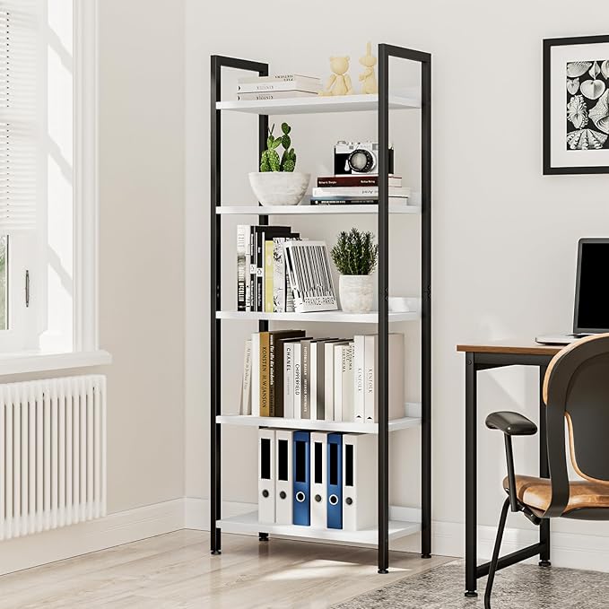 NUMENN Bookshelf, 5 Tier Bookshelves, Home Office Bookcase Shelf Storage Organizer, Free Standing Storage Shelving Unit for Bedroom, Living Room and Home Office, White&Black-Ruum Studio Home