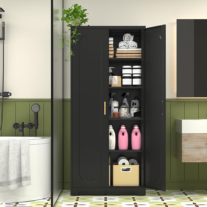 71" Tall Kitchen Pantry Cabinet, Pantry Storage Cabinet with Doors and Shelves, Metal Food Pantry Cabinets with Handles, Black Freestanding Cupboard for Living&Dining Room-Assemble Required-Ruum Studio Home