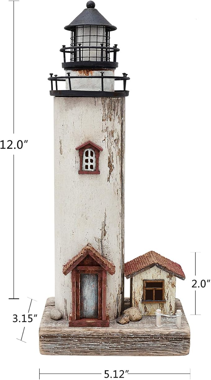 Linfevisi Wood Lighthouse Decor Rustic LED Light House Decor Wooden Decorative Nautical Lighthouse Statue Coastal Beach Themed Lighthouse Handcrafted Tabletop Decoration Home Bathroom (12")-Ruum Studio Home