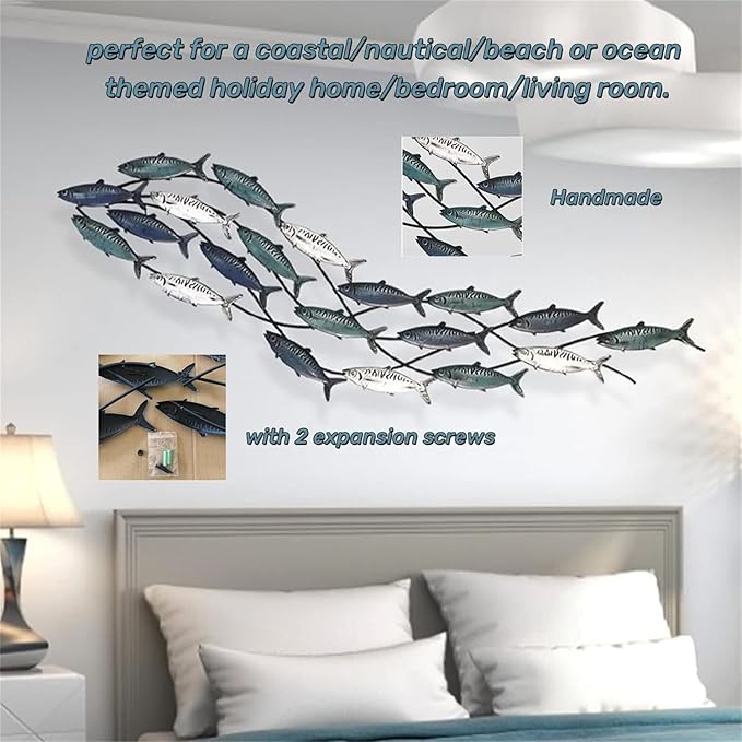 Coastal Metal Fish Wall Decor, Large Nautical Fish Wall Décor,School of 20 Fish Wall Art,3D Fish Wall Sculpture,Fish Metallic Art Decor,Perfect for Living Room,Bedroom,Beach Or Boat Decor,59" X 16.5"-Ruum Studio Home