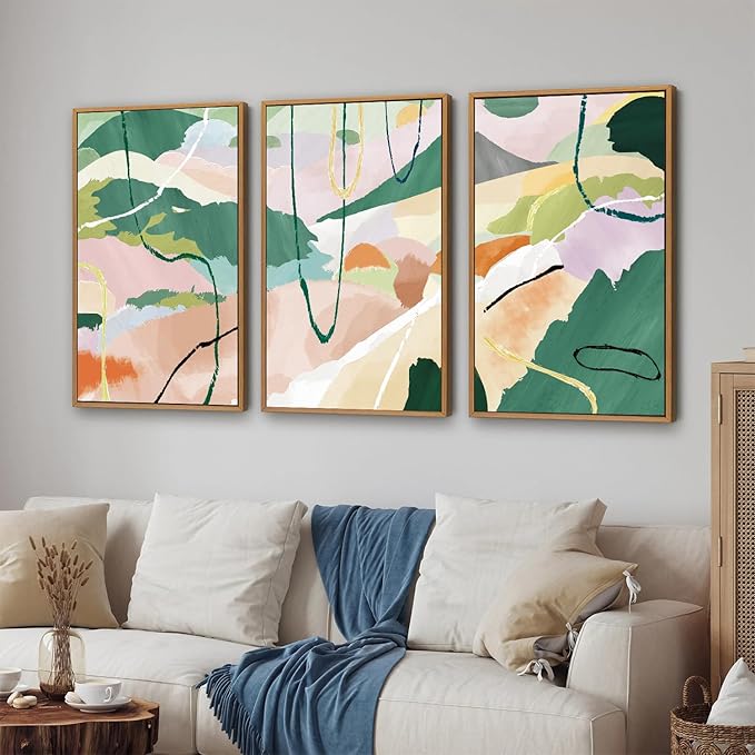 Tinonedraw Colorful Abstract Framed Canvas Wall Art Set, 3 Panel Green Pink Girly Oils Inks Artwork, Three Pieces Neutral Modern Minimalist Wall Decor for Living Room Bedroom Office 24"x36"x3-Ruum Studio Home