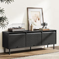 59 Inch TV Stand with Power Outlet for TVs up to 65 Inch, Entertainment Center with Storage, Mid-Century Modern TV Console, Adjustable Shelf & Sliding Doors, TV Stand for Living Room, Bedroom, Black-Ruum Studio Home