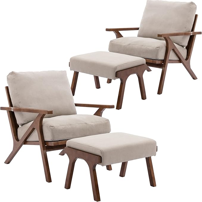 Wahson Set of 2 Mid Century Arm Chairs and Ottomans, Upholstered Accent Armchair with Wood Frame and Canvas Cushions, Leisure Slipper Chair for Living Room/Bedroom, Beige-Ruum Studio Home
