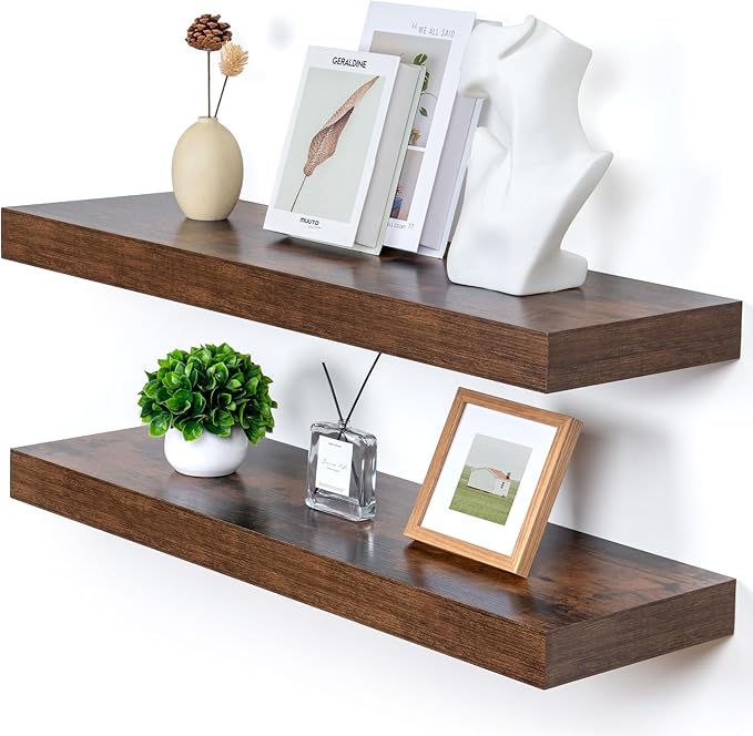 Deep Floating Shelves, 12 Inch Deep Rustic Floating Shelves for Wall Set of 2, 36W x 12D Large Wood Shelves for Living Room Bathroom Laundry Room Bedroom Kitchen Home Office - Rustic Brown-Ruum Studio Home
