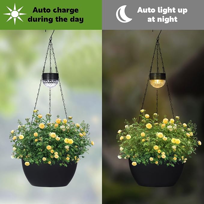 2 Packs Solar Hanging Basket Planters for Plants Outdoor, Self Watering Black Flower Plants Pots with Solar Light Drainer for Balcony Patio Garden Outdoor Decoration-Ruum Studio Home