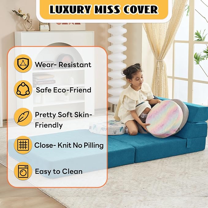 jela Foldable Sofa Bed, Convertible Sleeper Lounge Chair Floor Mattress Floor Couch with Backrest, Fold Out Futon with Washable Miss Fabric Cover for Guest Room, Living Room (83"x33",Teal)-Ruum Studio Home