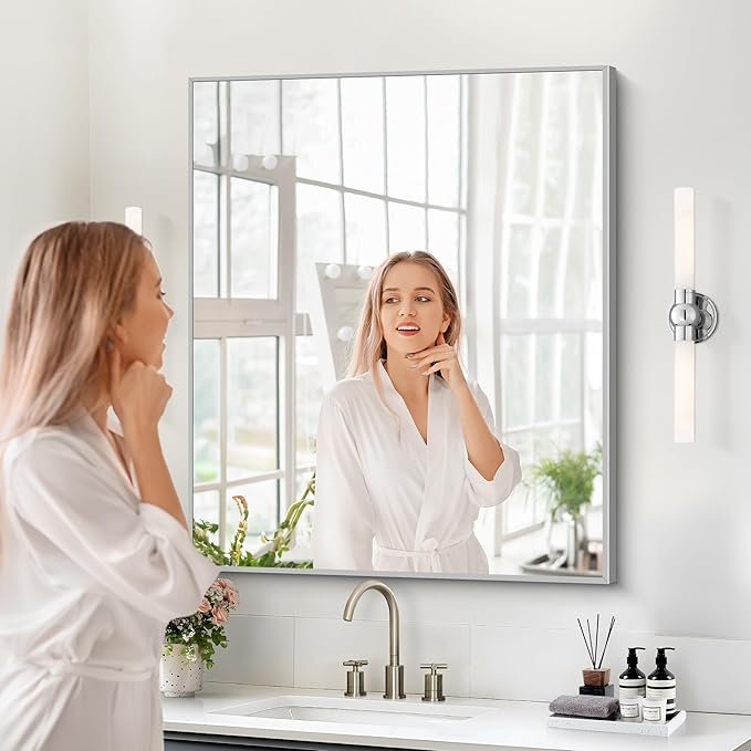 Silver Bathroom Mirror for Wall, 30x36 Inch Rectangle with Metal Frame, Modern Vanity for Bathroom Living Room, Entryway Hangs Horizontal or Vertical-Ruum Studio Home