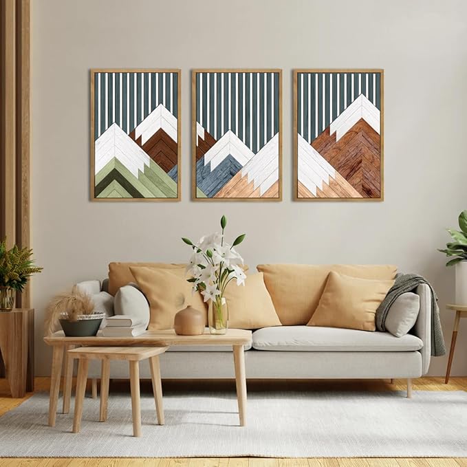 DRACIT Large Woodcut Mountain Wall Art Set Abstract Boho Forest Wood Wall Decor Nature Blue Art Decor Modern Geometric Wooden Wall Sculptures for Living Room Bedroom Office-16x24Inchx3-Ruum Studio Home