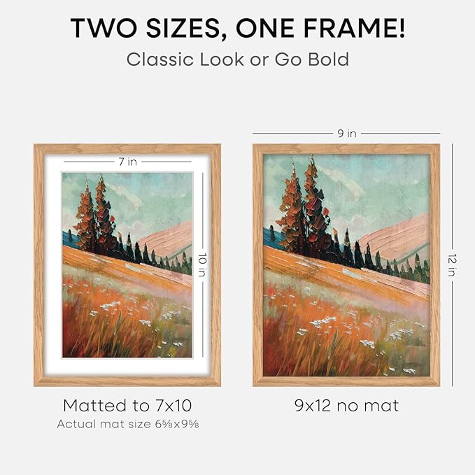 Homeforia 9x12 Picture Frame Wood, High End Natural Oak 9 x 12 Light Wooden Frames with Mat 7 by 10 Photo, 9by12 Frame Matted to 7x10 Print, Wall or Tabletop Frames, Tempered Glass, Wall Kit, Set of 1-Ruum Studio Home