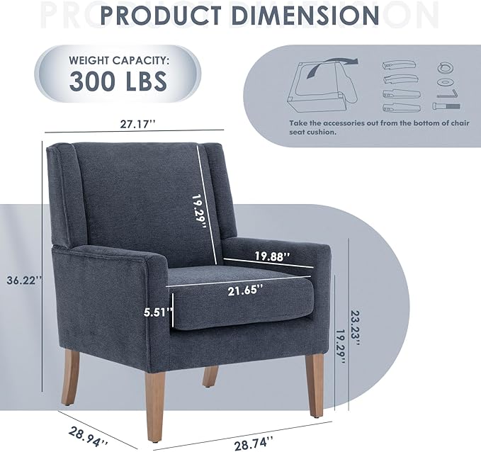 COLAMY Modern Wingback Living Room Chair, Upholstered Fabric Accent Armchair, Single Sofa Chair with Lounge Seat and Wood Legs for Bedroom/Office/Reading Spaces, Blue-Ruum Studio Home