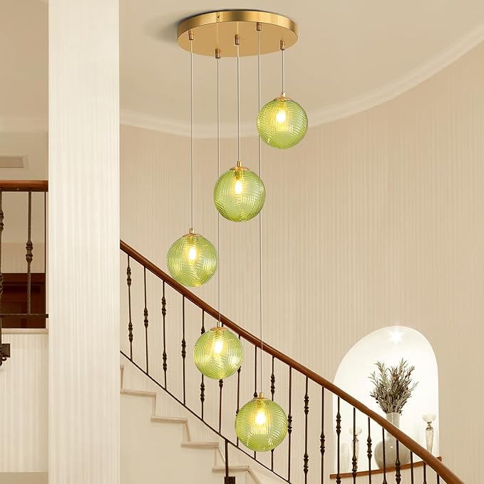 5-Light Chandelier, Globe Green Glass Flush Mount Pendant Light,15W Ceiling Hanging Light for Staircase Foyer Entryway Living Room Hotel Kitchen Island（3000K,G9 Bulbs Include）-Ruum Studio Home