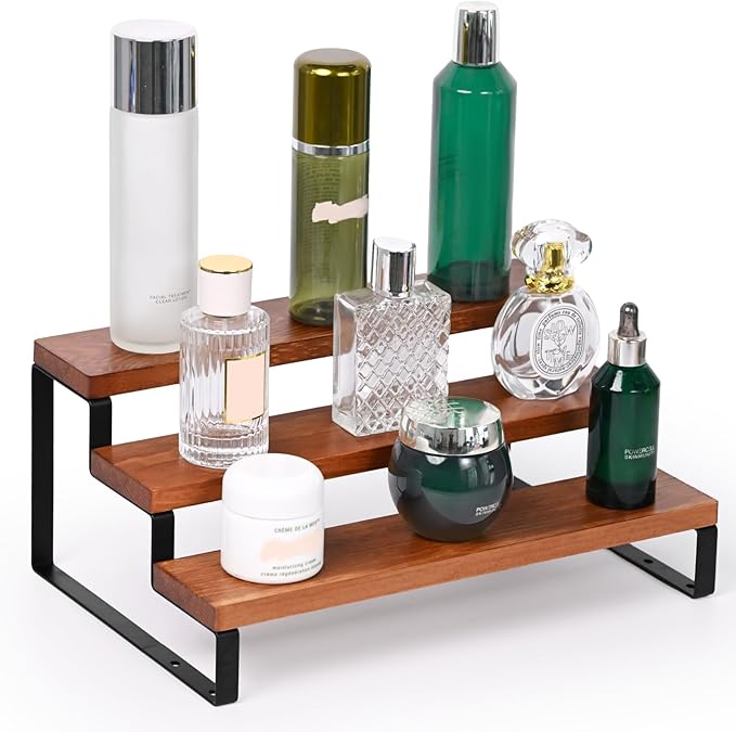 3 Tier Wooden Display Riser Stand Perfume Organizer with Metal Stand, Dessert Table Display Set, Food Display Stands for Party, Brown Rustic Solid Wood Shelf for Cupcakes, Perfume, Cologne, Spiece-Ruum Studio Home