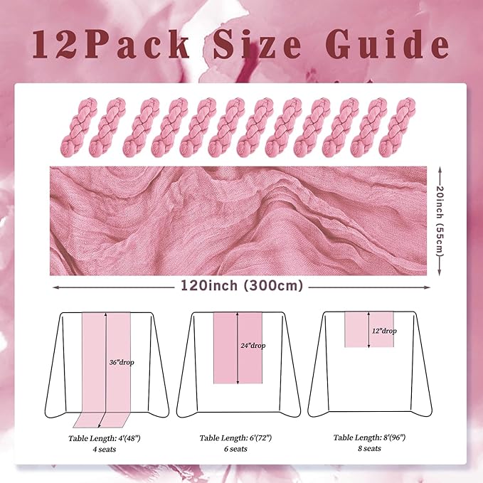 12 Pack Dusty Rose 10FT Cheesecloth Table Runner 20 x 120 Inch Long Rustic Gauze Fabric Cheese Cloth Table Runner for Wedding Bridal Baby Shower Table Decorations Boho Sheer Birthday Party Table Decor-Ruum Studio Home