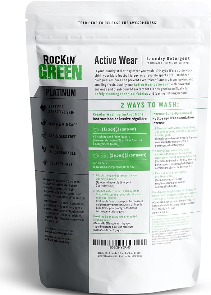 Rockin' Green Laundry Detergent, Plant based, All Natural Laundry Detergent Powder, Vegan and Biodegradable Odor Fighter, Safe for Sensitive Skin (Active Wear 90 Loads - Freshwood Mac)-Ruum Studio Home
