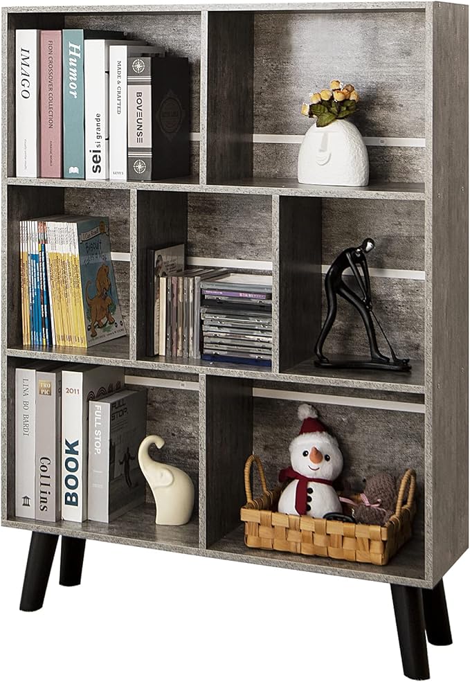 LEYAOYAO Bookshelf Cube Storage Organizer,3 Tier Bookcase with Legs,Modern Wood Open Shelf,Dirty Grey Bookshelves,Free Standing Display Short Book Shelves for Narrow Space,Bedroom,Living Room,Office-Ruum Studio Home