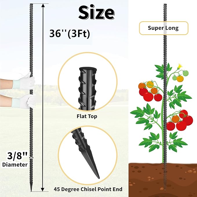 Rebar Stakes 36 inches 16-Pack Concrete Form Stakes Straight 3/8" Diameter Rebar Ground Metal Stakes for Landscaping, Securing Fence, Garden Plants Support, Survey Markers and Securing Trees-Ruum Studio Home