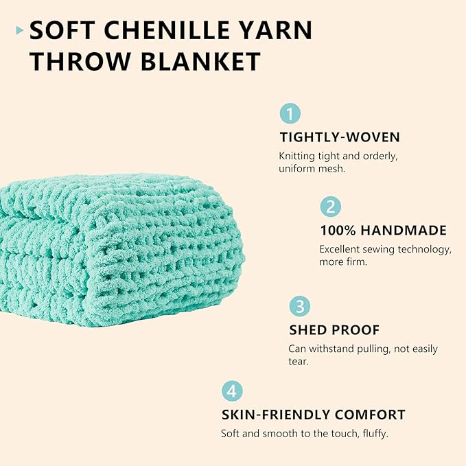 L'AGRATY Chunky Knit Blanket Throw: 60''x80'' Chenille Chunky Knitted Throw Blanket for Bed Couch - Handmade Thick Big Cable Knit Blanket - Large Crochet Rope Blanket for Home Decor(Lake Blue)-Ruum Studio Home