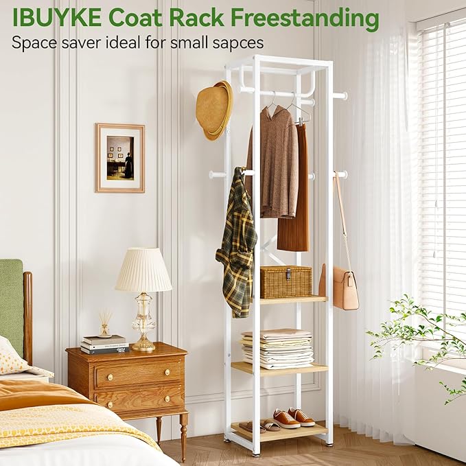 IBUYKE Coat Rack with Shelves, Freestanding Hall Tree with 3 Shelves and 8 Hooks, Industrial Clothes Stand for Entryway, Hallway, Bedroom, Natural UTMJ088R-Ruum Studio Home