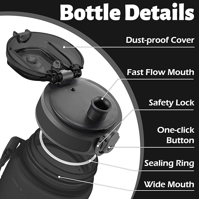 OLDLEY 25 oz Water Bottle, Motivational Water Bottle with Time Marker, Sports Water Bottle With Strap, Leakproof & BPA Free Large Water Bottles for School, Gym, Travel, Outdoor, Tritan,Black-Ruum Studio Home