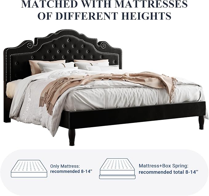 Allewie King Bed Frame with Adjustable Velvet Tiara Headboard, Upholstered Diamond Button Tufted Platform Bed, Wood Slats Support, No Box Spring Needed, Mattress Foundation, Easy Assembly, Black-Ruum Studio Home