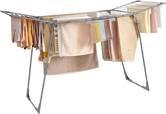 SONGMICS Clothes Drying Rack Foldable, Gullwing Laundry Drying Rack, Space-Saving, 22.2 x 68.1 x 38 Inches, Sock Clips, Metal Structure, for Clothes, Towels, Linens, Indoor, Outdoor Gray ULLR518G01-Ruum Studio Home