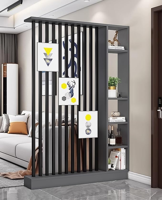 Wall Room Divider, Storage Cabinet Storage Display with Shelves, Modern Freestanding Wood Room Divider Screen, Wall Privacy Screens for Home Decorative (Grey+Black,55" L x 9.5" W x 79.5" H)-Ruum Studio Home