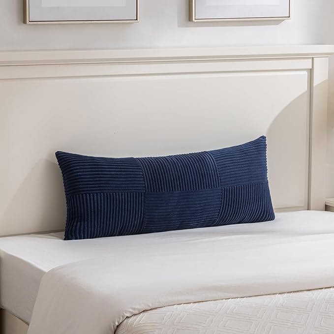 Fancy Homi Set of 2 Navy Blue Boho Long Lumbar Body Decorative Throw Pillow Cover 14x36 Inch for Bed Couch Bedroom Bench, Soft Patchwork Corduroy Textured Pillow Case, Rustic Farmhouse Room Décor-Ruum Studio Home