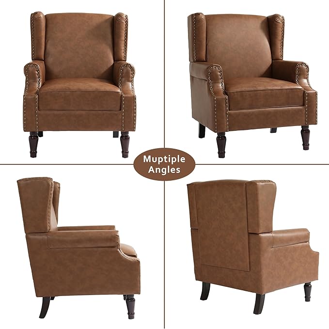 Accent Chairs, Faux Leather High Back Armchair setof 2 or Living Room, Comfy Upholstered Single Sofa Reading Chairs with Solid Wood Legs for Office, Bedroom, Waiting Room-Leather Brown-Ruum Studio Home
