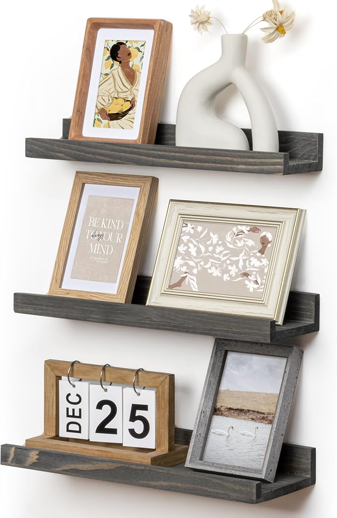 Picture Ledge Wall Shelves - Set of 3, 16 Inch Width, Solid Pine Wood Rustic Floating Ledge Shelves for Kids' Room, Bedroom, Kitchen, Bathroom, Living Room, Nursery Display Decor, Grey-Ruum Studio Home