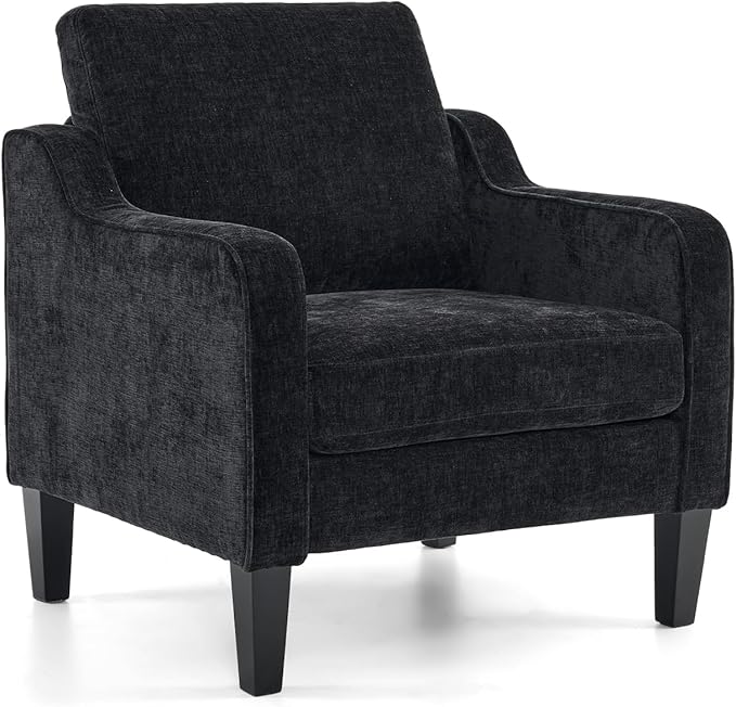 VINGLI Mid Century Modern Accent Chairs, Black Soft Chenille Reading Chair Upholstered Armchair Side Chairs Sofa Couches for Living Room, Bedroom, Apartment-Ruum Studio Home