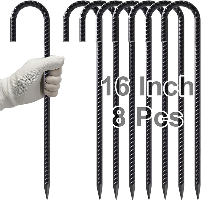 VVOKGO Rebar Stakes 16 Inches J Hook Heavy Duty Chain Link Fence Stakes, 8 Pcs Metal Long Tent Spikes Ground Anchors for Wire Fencing, Dogs Digging, Camping Tents, Swings, Greenhouse, Black-Ruum Studio Home
