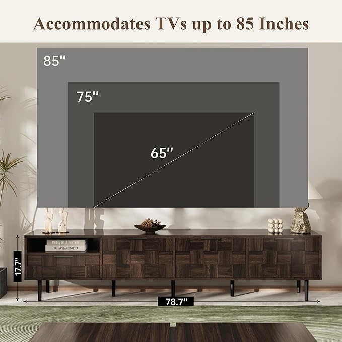 Modern TV Stand for TVs up to 85", Mid-Century Media Console with Checkered Cabinet Doors, Storage Drawers & Open Shelves, Wood Entertainment Center with Metal Legs-Ruum Studio Home