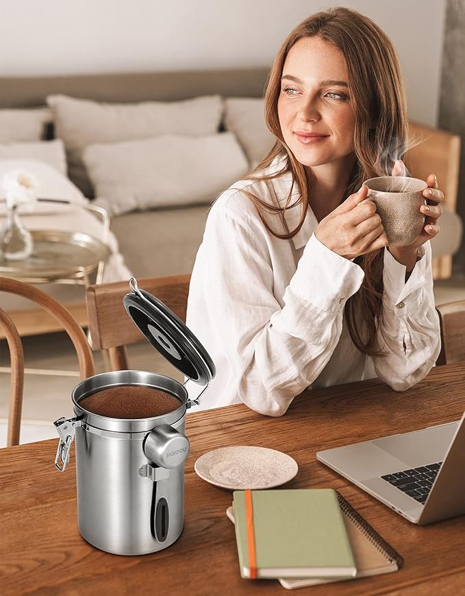 HAIOOU Airtight Coffee Canister, 16OZ Small Stainless Steel Coffee Bean Storage Container with Date Tracker, Measuring Scoop, CO2 Releasing Valves and Mini Tongs for Beans, Grounds and more - Silver-Ruum Studio Home