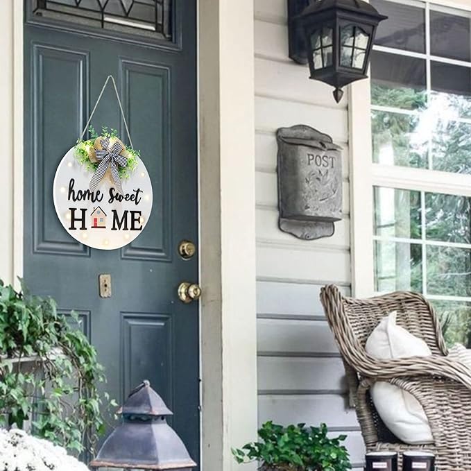 Interchangeable Welcome Sign for Front Door with 14 Changeable Icons, Farmhouse Front Porch Decor Rustic Wooden Wall Sign with 12 LED Lights, Outdoor Seasonal Welcome Home Decorations (White1)-Ruum Studio Home