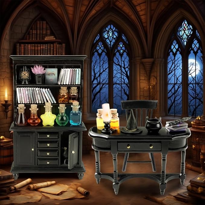 56 Pcs Halloween Miniatures Decorations 1:12 Scale Magic House Accessories Mini Wooden Bookshelf Furniture Set Tiny Sorcery Bottles Books Desk Chair Witch Hat Dollhouse Decor-Ruum Studio Home